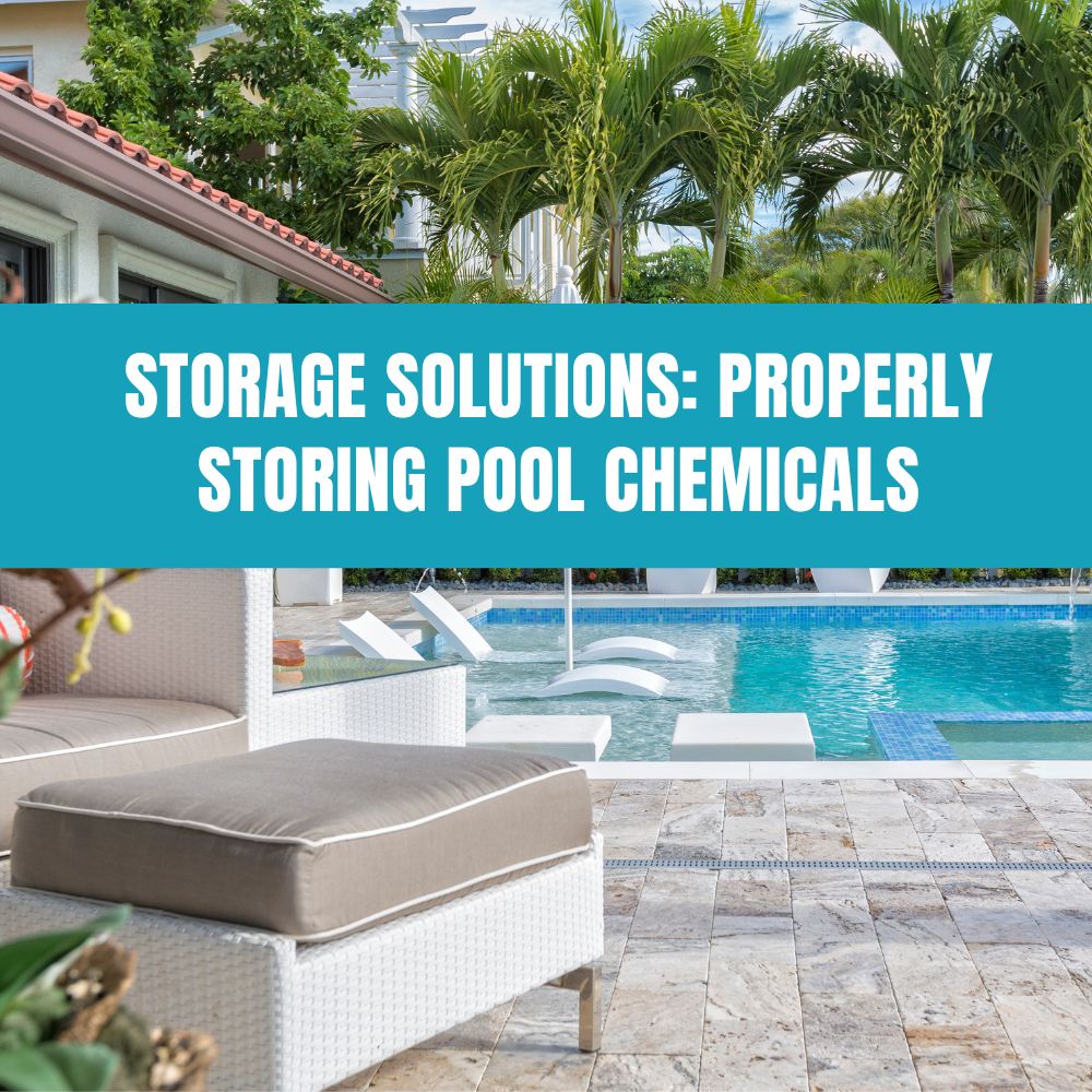Properly stored pool chemicals in a cool, dry place, demonstrating safe storage practices for maintaining pool water quality.