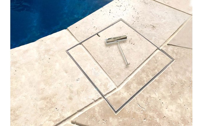 HIDE 12" x 12" Skimmer Lid Kit for pools, made of marine-grade stainless steel.