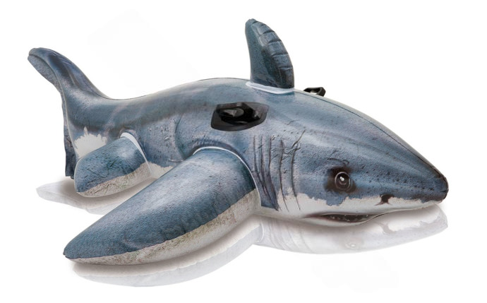 Intex Great White Shark Ride-On Pool Float with realistic design and heavy-duty grab handles