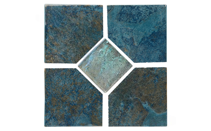 NPT 6" x 6" Coral Teal Deco Tile with glossy finish and diamond-shaped glass center.