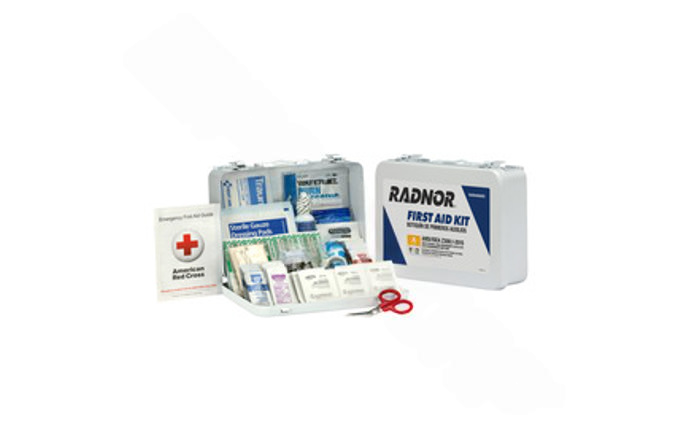 RADNOR 25 Person First Aid Kit in white metal case with handle and wall-mount tabs