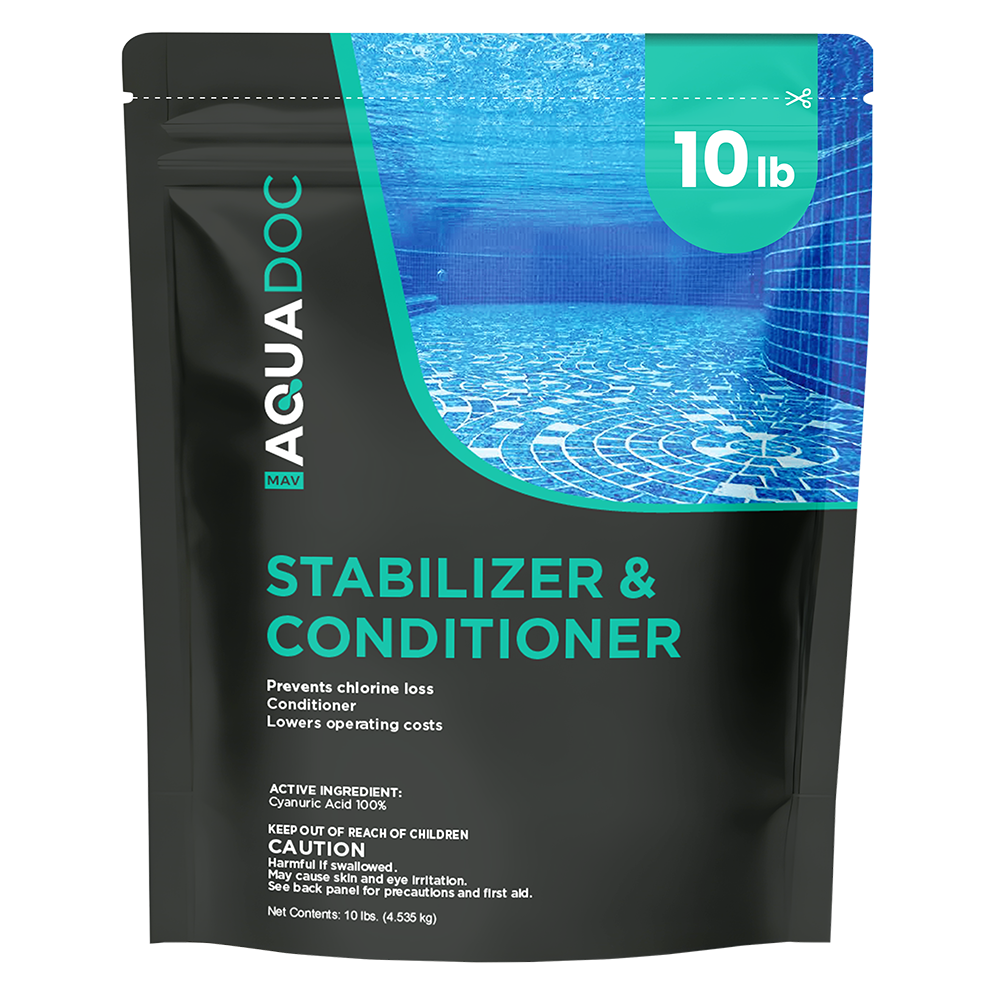 AquaDoc pool stabilizer and conditioner package with pool image on a white background