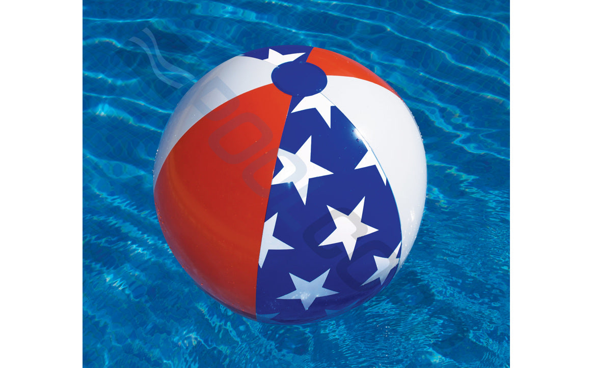 Inflated Americana beach ball floating in a pool