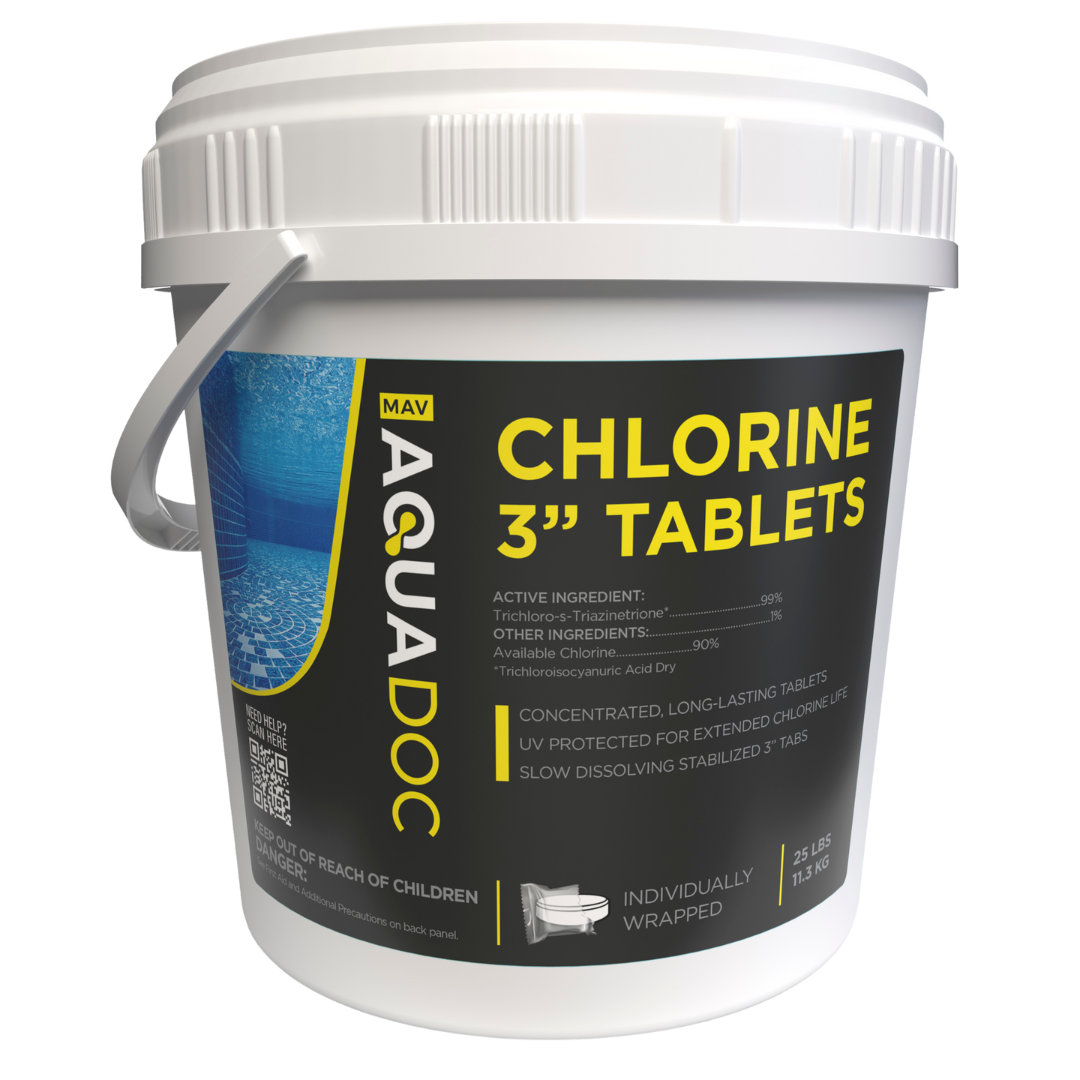 Close-up of AquaDoc Pool Chlorine Tablets showing their size and texture.