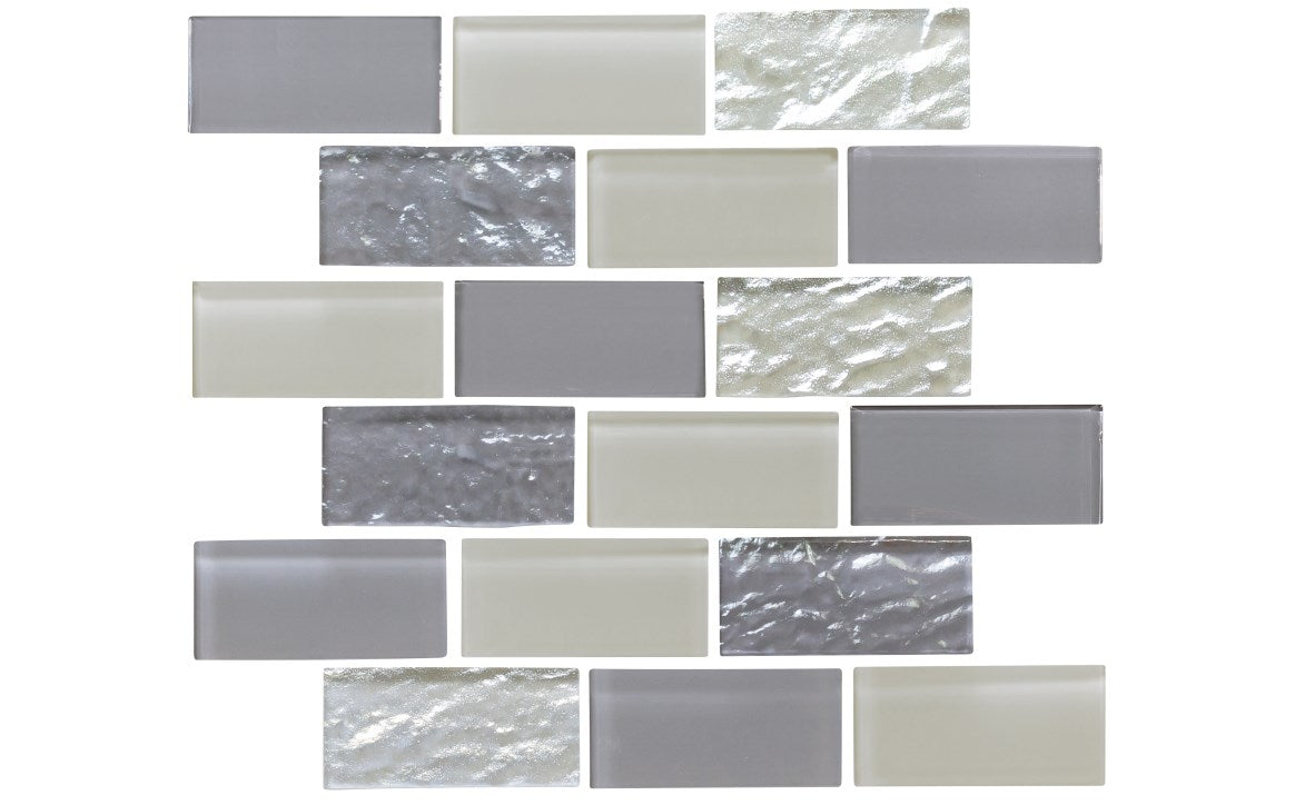 Close-up of Elysium iridescent glass tile in gray, 2x4 mosaic