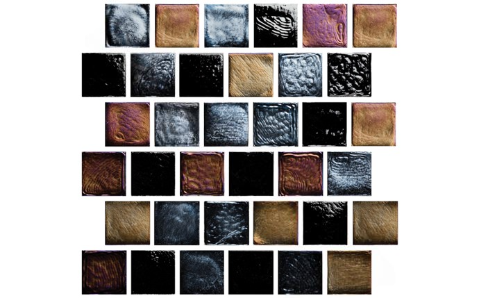 Close-up of 1x1 Blackies Oceanscapes pool tile showing iridescent finish