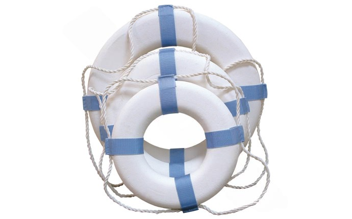 Front view of 17" white and blue PoolStyle decorative ring buoy