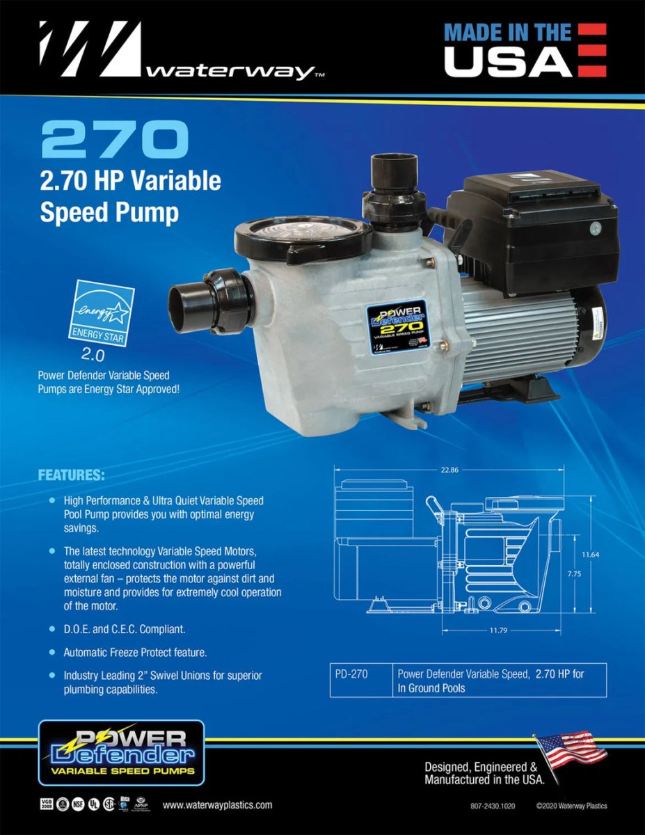 Waterway Power Defender Variable Speed Pump 2.7 HP 230V PD - 270 - AquaDoc