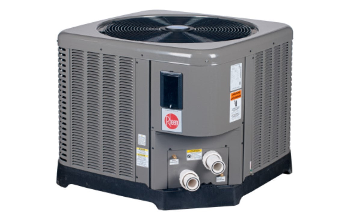 Rheem Compact Series Digital Pool Heat Pump with DuraSteel™ powder-coated cabinet.