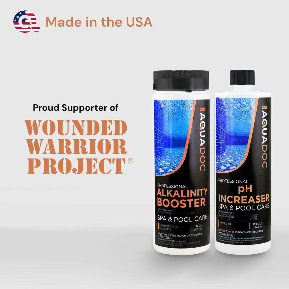 Spa care product bundle staged next to hot tub