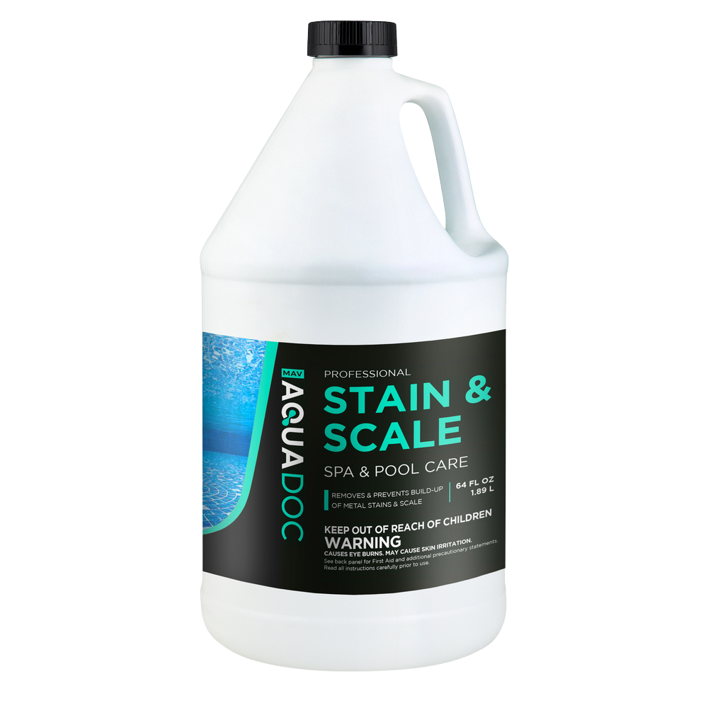 Aquadoc Stain & Scale pool care product bottle on a white background