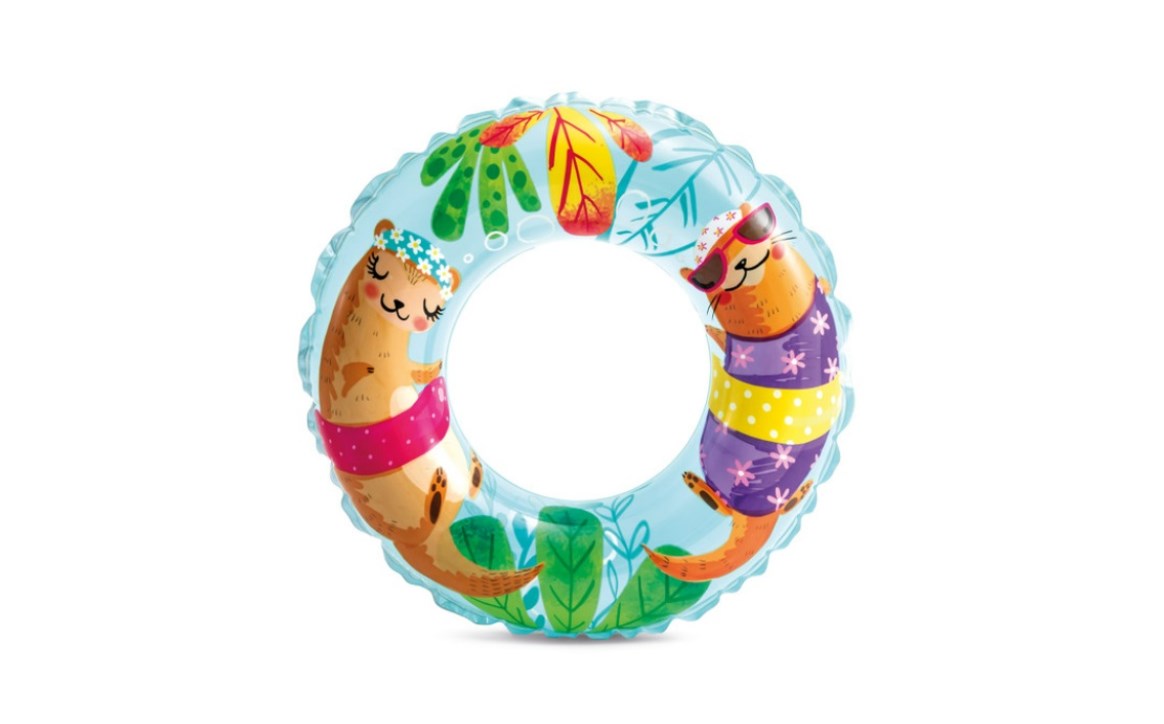 Multiple kids using swim rings at a pool party