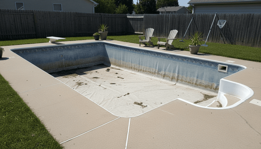 16x32 inground pool with steps and a deep end showing a wrinkled vinyl liner ready for replacement in a backyard
