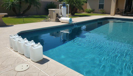 Liquid chlorine jugs beside a 20000 gallon saltwater pool with a disconnected salt cell on the equipment pad
