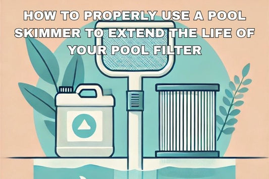 Pool skimmer, pool filter, and clear water symbolizing effective maintenance.