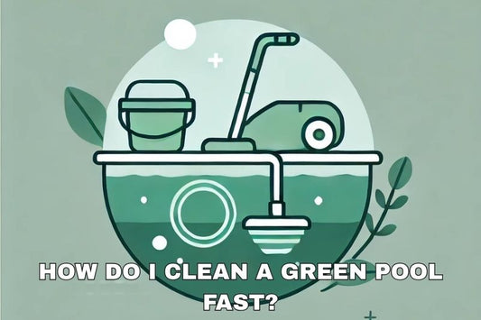 Pool with green water and cleaning tool symbolizing fast cleaning.