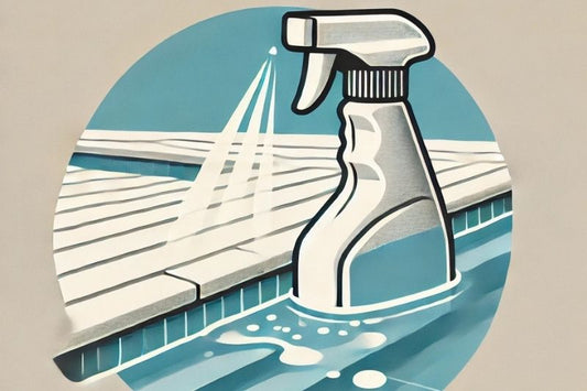 Spray bottle cleaning stains on pool deck with fresh water.