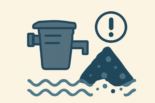 A pool filter clogged with debris, indicated by an exclamation mark.