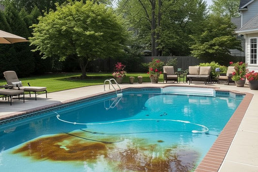 A serene backyard pool shows a small rust stain on the surface.