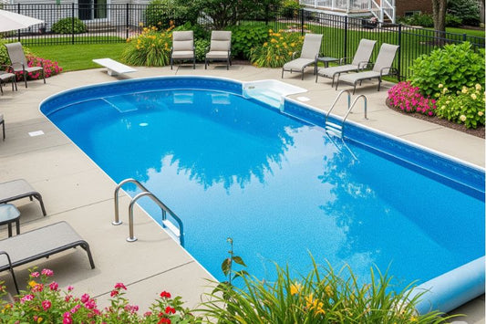 Create an image of a swimming pool in a suburban backyard, and make it realistic as possible.