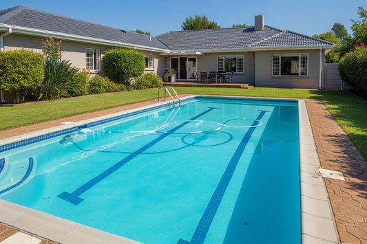 A sparkling pool in a suburban backyard, with subtle waterline stains.