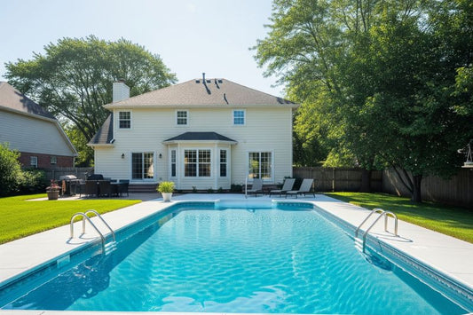  pool gleams in a lush, well-maintained backyard.