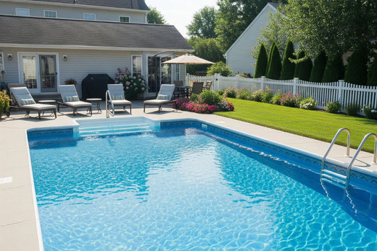  well-maintained chlorinated swimming pool in a suburban backyard