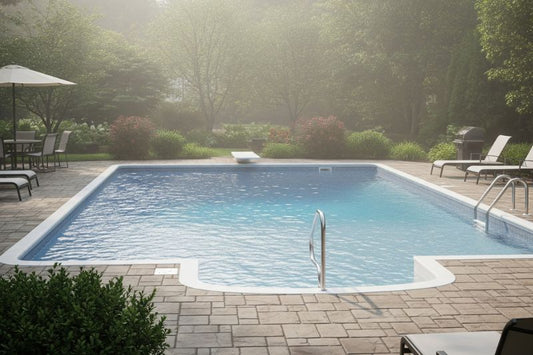 hazy pool glistens in a quiet suburban backyard.