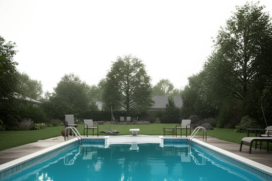 Cloudy swimming pool in a tranquil suburban backyard.