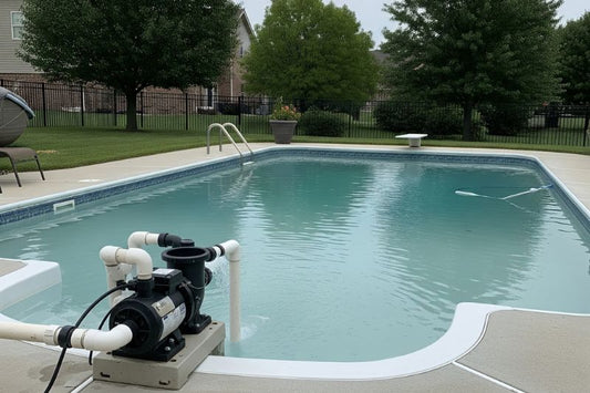 Cloudy swimming pool with visible pump in a suburban backyard.