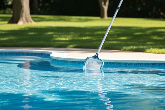 swimming pool featuring a single metal debris removal tool.