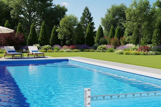 Residential swimming pool with integrated water level indicator in backyard.