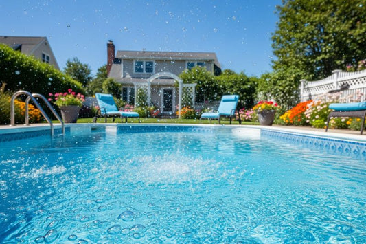 Suburban backyard oasis: a swimming pool with playful bubbles.