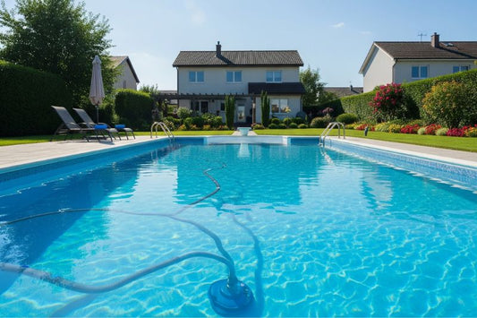 A residential swimming pool in a suburban backyard, featuring a pool vacuum hose.
