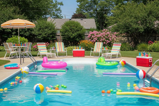 Inviting suburban backyard pool with colorful inflatable toys, floats, and poolside furniture.