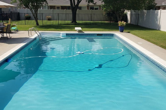 Suburban backyard swimming pool with low chlorine levels, slightly cloudy water.