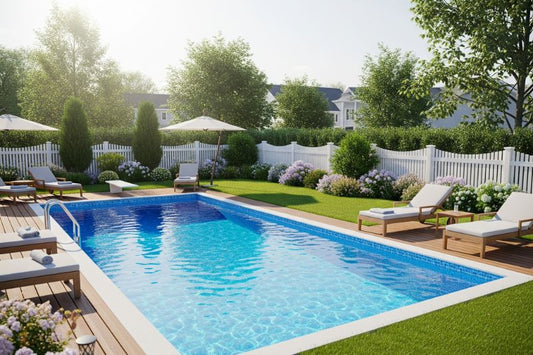  swimming pool in a suburban backyard.