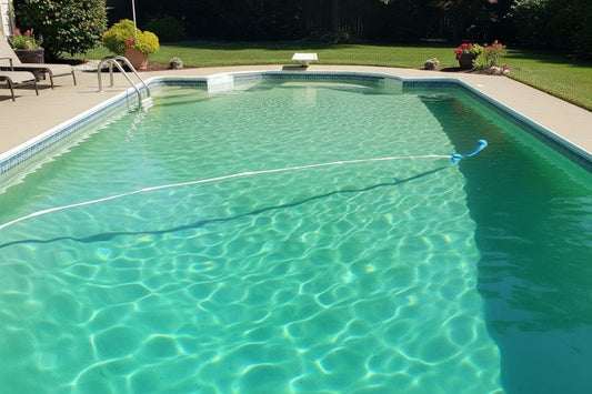 High pH swimming pool water in a suburban backyard, cloudy and murky.