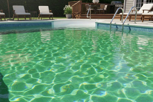 Suburban backyard saltwater pool with a hint of algae.