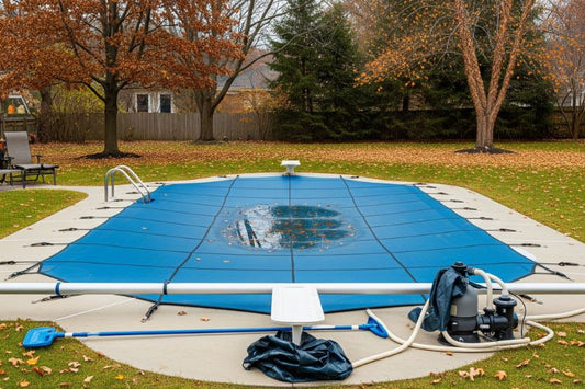 Suburban backyard swimming pool covered for winter, pool closing.