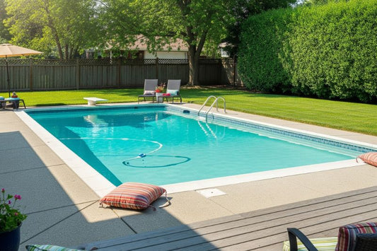 Sparkling blue swimming pool in a lush suburban backyard.