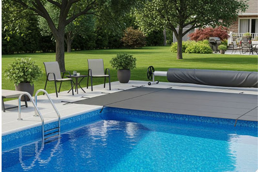 Suburban backyard swimming pool with blue liner and protective cover.