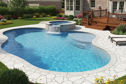 Sparkling blue pool in a lush suburban backyard.
