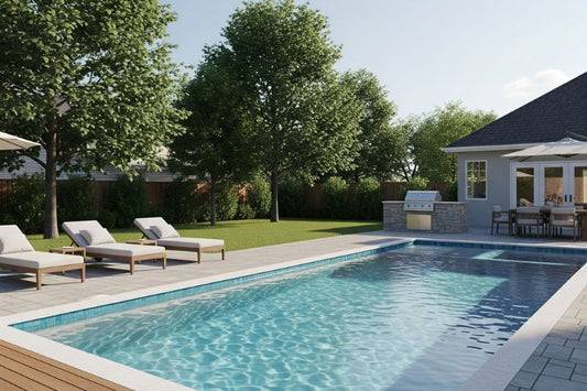 blue swimming pool in a tranquil suburban backyard.