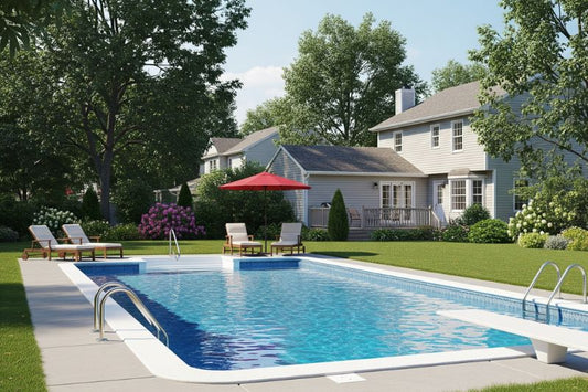 Sparkling blue swimming pool in a tranquil suburban backyard.