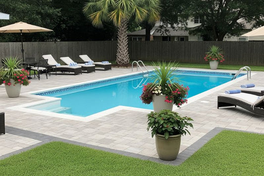 swimming pool design integrated into a backyard landscape.