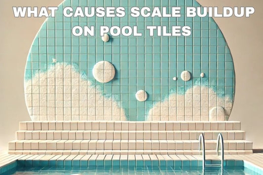 Pool tiles with visible scale buildup, clear water surrounding them