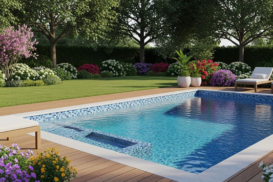 Sparkling blue swimming pool nestled in a lush suburban backyard.