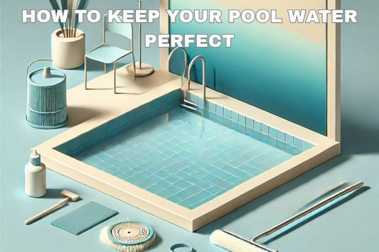 Clear pool water with a skimmer and cleaning tools nearby.