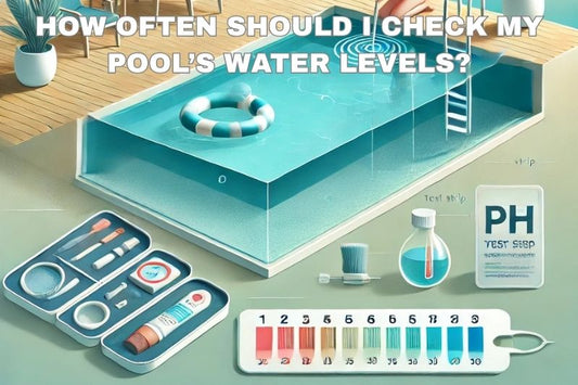Person adjusting pool water level with tools and pH test kit.
